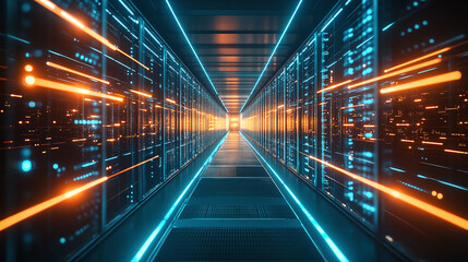 A long hallway with rows of servers glowing with blue and orange lights.