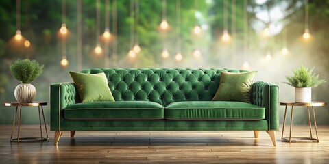 Obraz premium Lush Green Velvet Couch in Modern Living Room with Bokeh Background - Interior Design Stock Photo