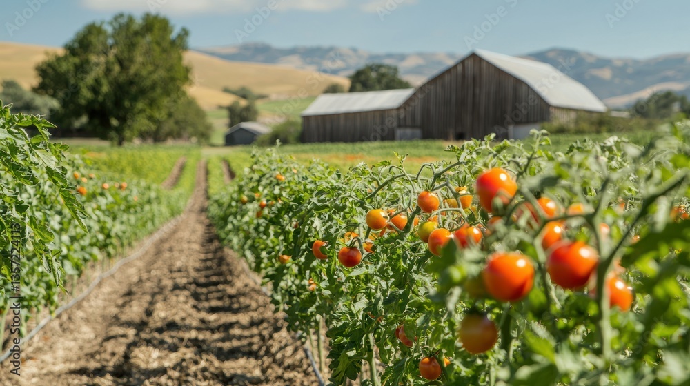 Poster a farm field with rows of cherry tomatoes ready for harvest, with a barn in the background.