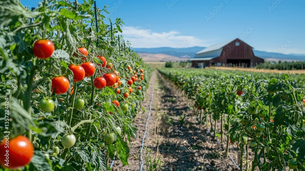 Poster A farm field with rows of cherry tomatoes ready for harvest, with a barn in the background. 
