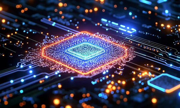Glowing microchip with orange and blue circuits on dark board. Concept of artificial intelligence and computing power