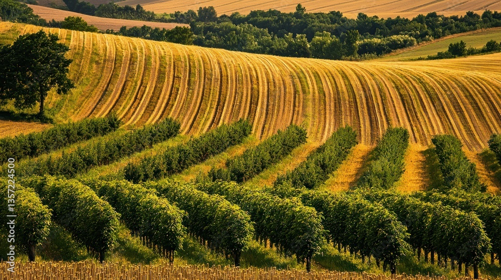 Poster A farm landscape featuring rows of cherry trees surrounded by golden fields. 