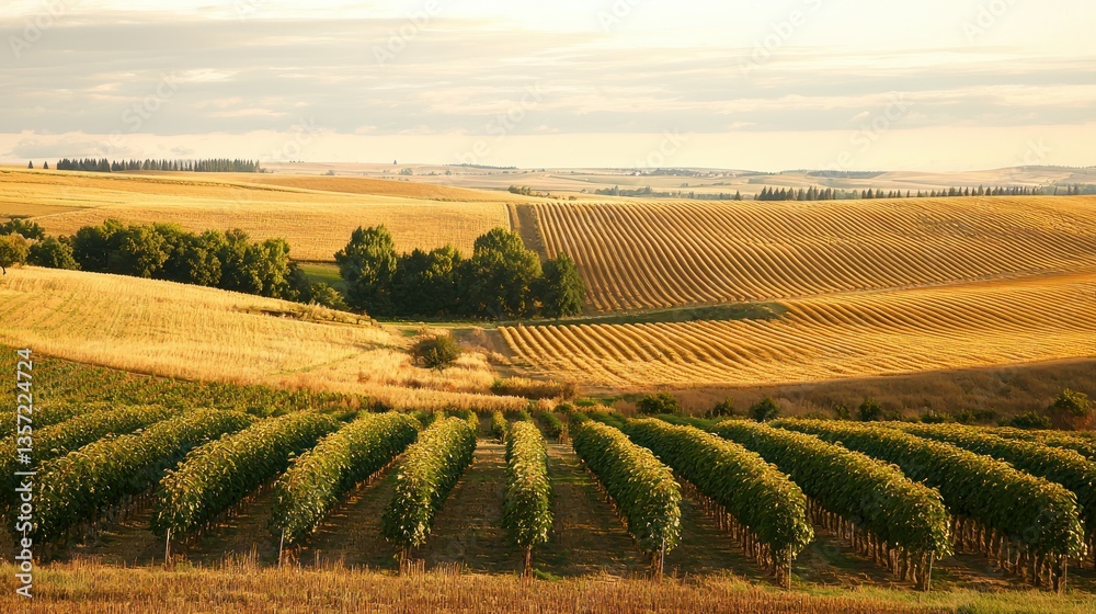 Aufkleber a farm landscape featuring rows of cherry trees surrounded by golden fields.