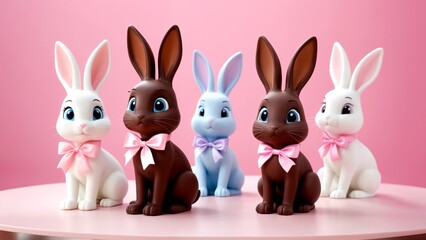 Fototapeta premium A group of chocolate bunnies sitting on top of a pink table.