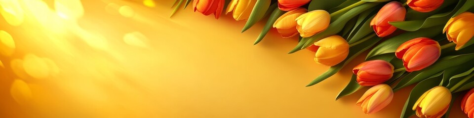 Obraz premium Vibrant Orange and Yellow Spring Tulips Arranged On A Solid Color Background With Copy Space