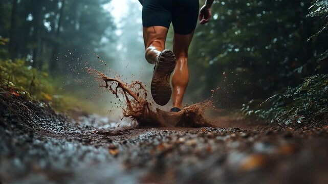 Trail runner feet caught in an exhilarating close-up, splattering mud while charging down a rainy forest path. Energetic display of outdoor athleticism. Video made using Generative AI.