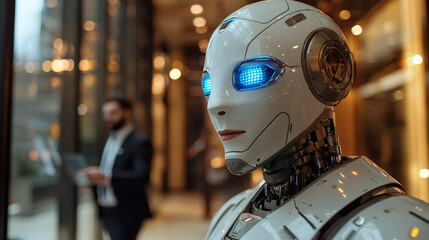 Fototapeta premium Business Meeting of the Future: Human and AI Robot