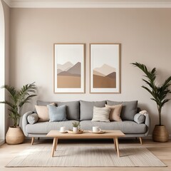 Modern Living Room Interior with Beige Sofa and Abstract Art