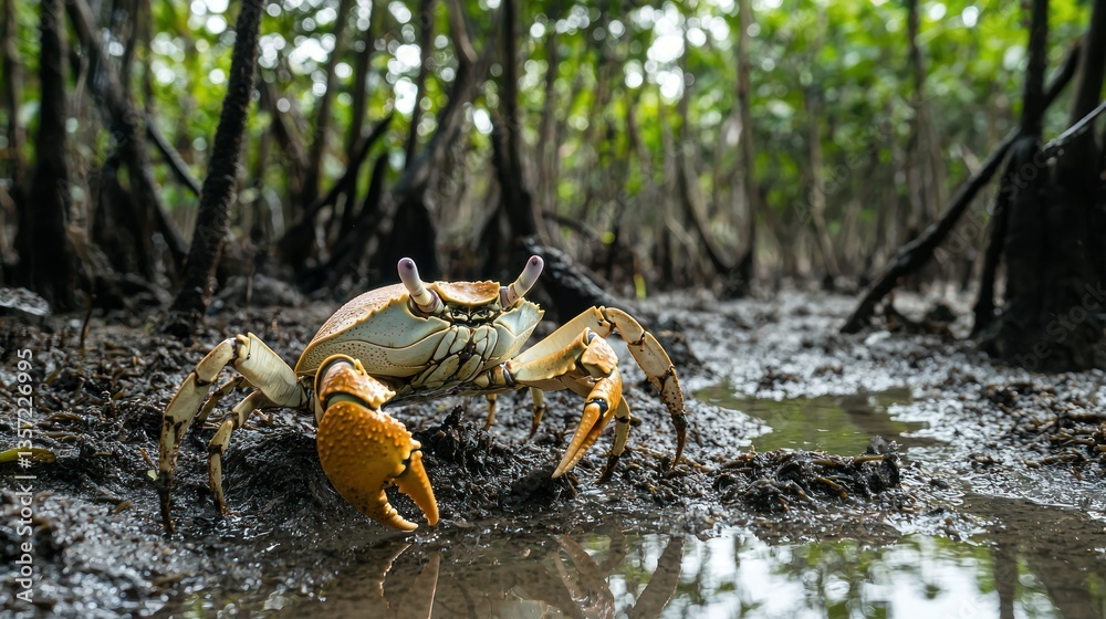 Poster a fiddler crab waving its large claw in a muddy mangrove area.