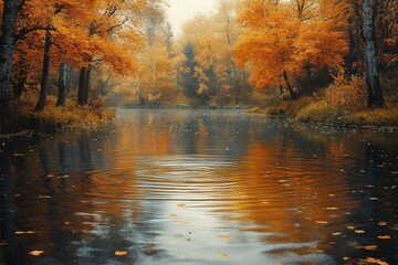 Obraz premium Autumn river reflecting golden and crimson foliage, gentle ripples in the water, hyper-realistic lighting and textures