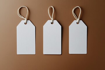 Set of Three Blank White Paper Cloth Labels or Price Tags on Gray Background