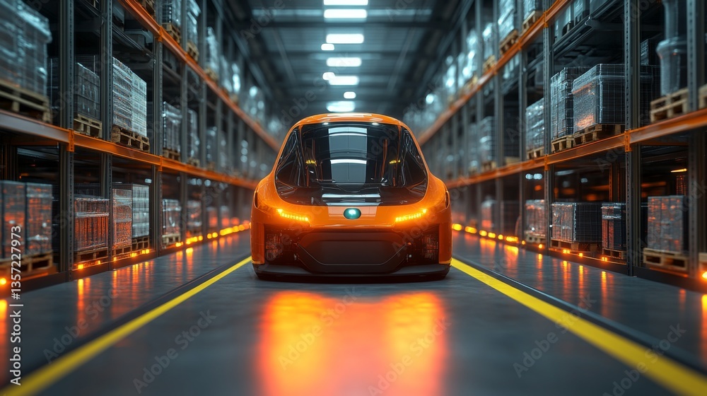 Leinwandbilder an automated vehicle moves along a well organized aisle in a modern logistics warehouse, efficiently