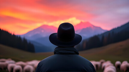 Shepherd Watching Over Flock of Sheep at Sunset in Mountainous Landscape