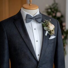 Groom's Grey Suit, Bow Tie, Boutonniere, Wedding Prep
