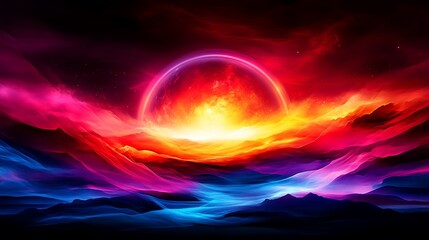 Fototapeta premium Fiery Cosmic Sunset Vibrant Nebula Landscape.