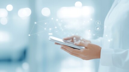 Telemedicine Innovation, conceptual image of a healthcare provider using a digital tablet for telehealth, featuring futuristic holographic visuals and a bright, minimalist setting.