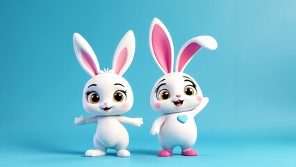 Fototapeta premium A couple of white rabbits standing next to each other on a blue background.