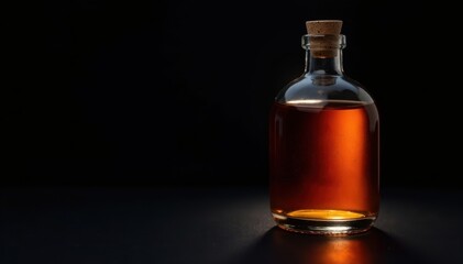 Dark glass bottle, amber liquid, isolated on black, bottle, liquor