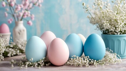 Fototapeta premium A group of pastel colored eggs sitting on top of a wooden table.