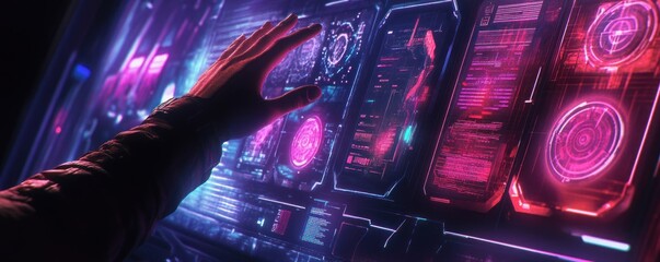 Human hand interacting with high tech futuristic holographic information displays