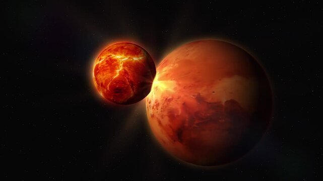 Planet collision. A small planet or moon crashes into the larger planet Mars, creating a massive explosion, a burst of bright light, and a shockwave of scattered planetary debris