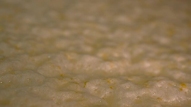Beer fermentation process in a cold chamber. The golden liquid is actively fermenting, with foam gently swirling and bubbling on the surface, creating a lively, dynamic effect. The metal tank and frot