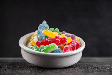 Jelly candy sweet dish fresh delicious gourmet food background on table rustic food top view copy space vegetarian and vegan food