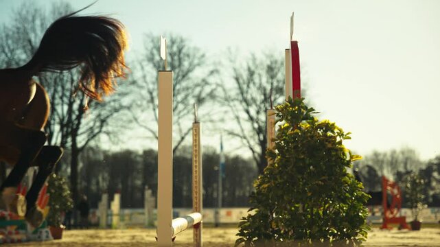 Riding a horse over obstacle in slow motion