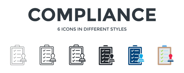 Compliance Icon In Different Style Vector Illustration. Designed In Thin Line, Regular Line, Bold Line, Glyph, Color Fill, And Flat Style Can Be Used For Web