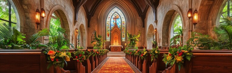 Church Interior with Sunlight Streaming Through Stained Glass Windows and Flower Arrangements