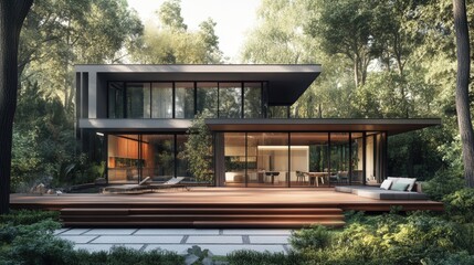 A modern house surrounded by lush greenery, featuring large glass windows and wooden decks, blending seamlessly with the natural environment.
