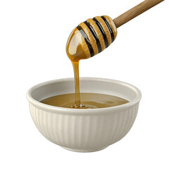 Golden Honey Pouring from Wooden Dipper into Bowl