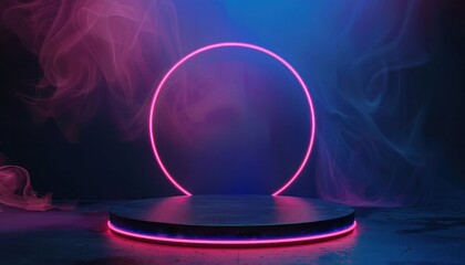 A dark blue and pink dynamic background with neon lights, featuring an empty circular podium at the center illuminated by soft lighting that casts gentle shadows.