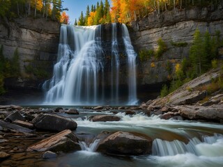 Fototapeta premium Chute de la Loup Falls: A Hidden Canadian Gem Where Powerful Cascades Carve Through Rugged Landscapes, Offering a Majestic Display of Nature’s Force Amidst Quebec’s Untamed Wilderness