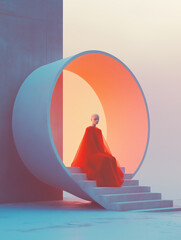 Obraz premium Woman in Red Dress: A captivating visual of a woman in a flowing red dress, perched regally upon stairs set within a modern circular structure.