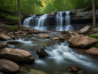 Obraz premium Discover Cascade Falls: A Captivating Michigan Landmark, Where Flowing Waters and Vibrant Lights Blend to Create a One-of-a-Kind Experience, Offering Beauty and Entertainment for All Ages