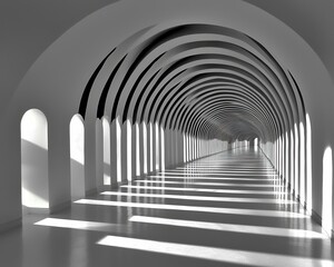Obraz premium Expansive Modern Corridor with Arched Ceilings and Dynamic Light Play on White Surface