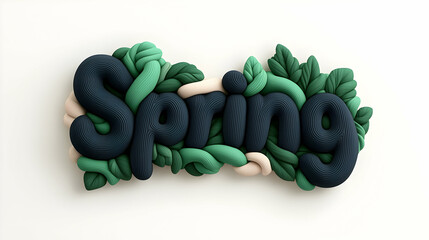 3D Render of Spring Word with Green Leaves