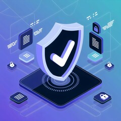 Digital Fortress: An abstract image representing digital security, featuring a shield with a checkmark at the center, surrounded by files and padlocks.