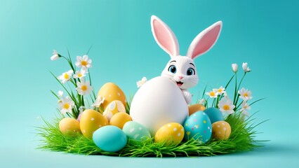 A white bunny sitting on top of a pile of easter eggs.