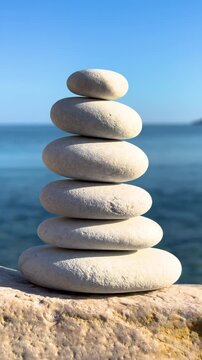 CLOSE UP, VERTICAL: Balanced stack of six smooth white stones is positioned on a rock surface overlooking blue ocean. Wavy sea and clear sky create a tranquil backdrop, evoking peace and mindfulness.