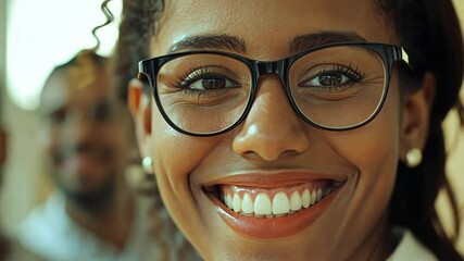 A beaming woman wearing glasses, smiling broadly with two blurred people in the background. - Powered by Adobe