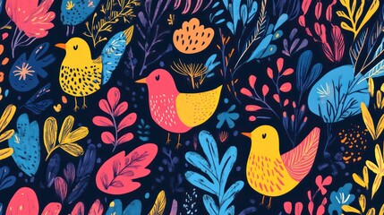 Obraz premium Bird pattern, childish seamless background. Perfect for fabric, textiles, wrapping, wallpaper, and apparel. Hand drawn