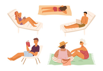 Resting on beach or pool. Vector women sitting on blanket, girl sunbathing. Male and female characters laying on desk chairs, working on laptop and reading books. Summertime leisure, seaside vacation