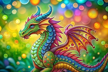 Obraz premium Magical Dragon Coloring Book Page with Bokeh Background