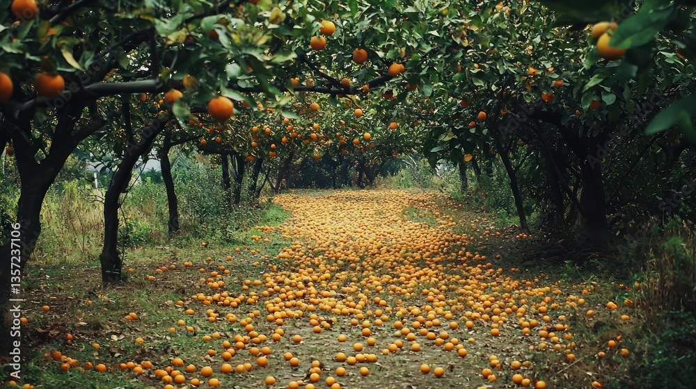 Poster a grove of orange trees with fallen fruits scattered on the ground.
