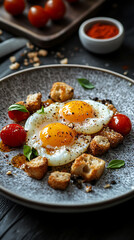 Quail eggs, tomatoes, paprika and crispy croutons