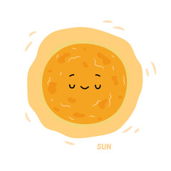 Cute sun character with closed eyes and calm facial expression. Vector in flat style, isolated space personage, celestial body in spherical shape. Solar system center, learning cosmos and universe