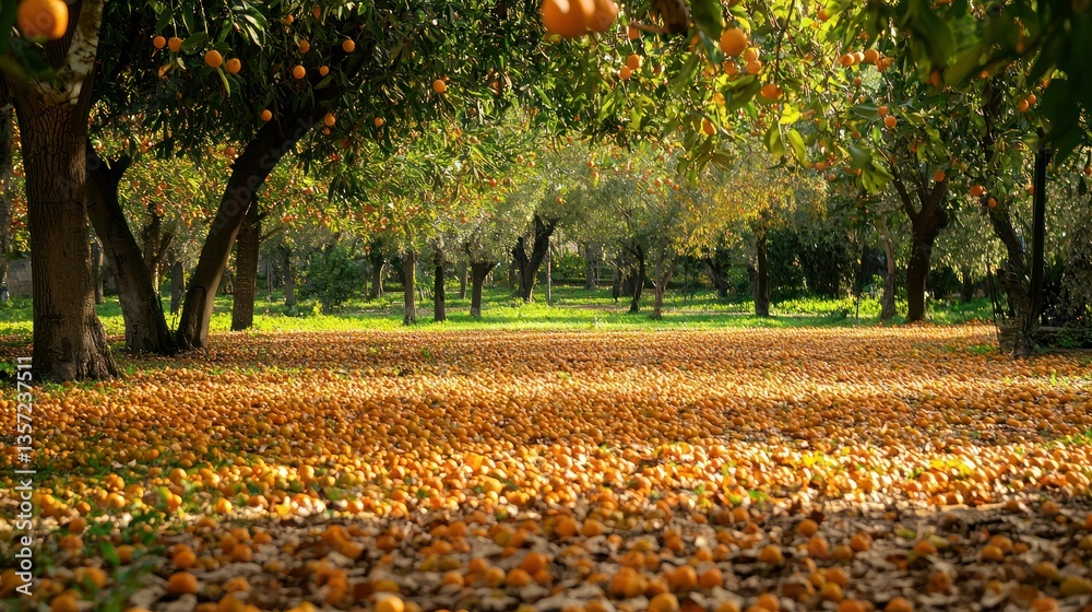 Poster a grove of orange trees with fallen fruits scattered on the ground.