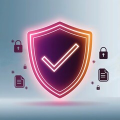 Digital Shield: A modern representation of digital security, with a glowing shield and checkmark symbol protecting data, locks, and files against the risk.